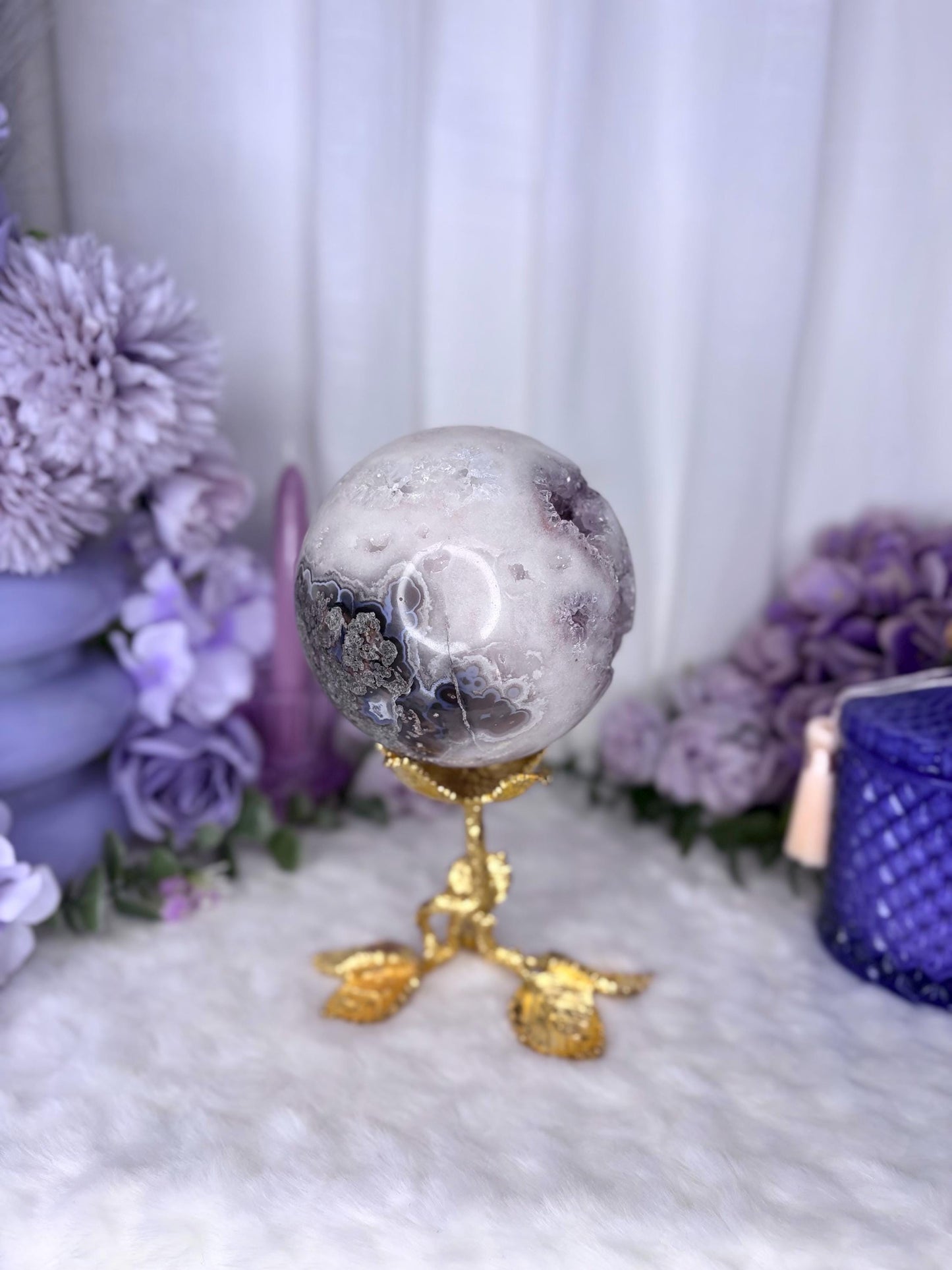 Lilac Amethyst, Moss Agate and Quartz Druzy Large Sphere  Lustre Collection