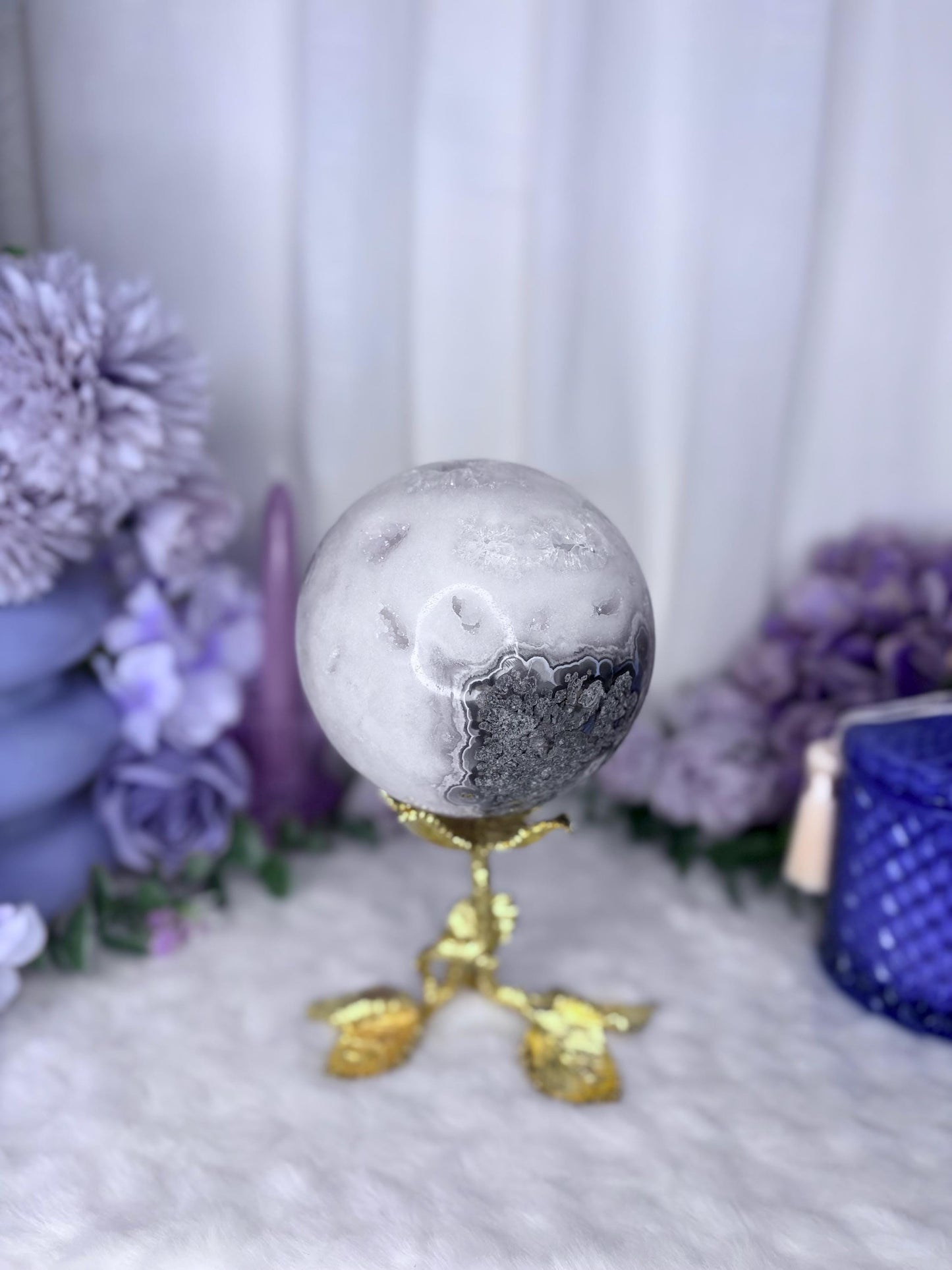 Lilac Amethyst, Moss Agate and Quartz Druzy Large Sphere  Lustre Collection