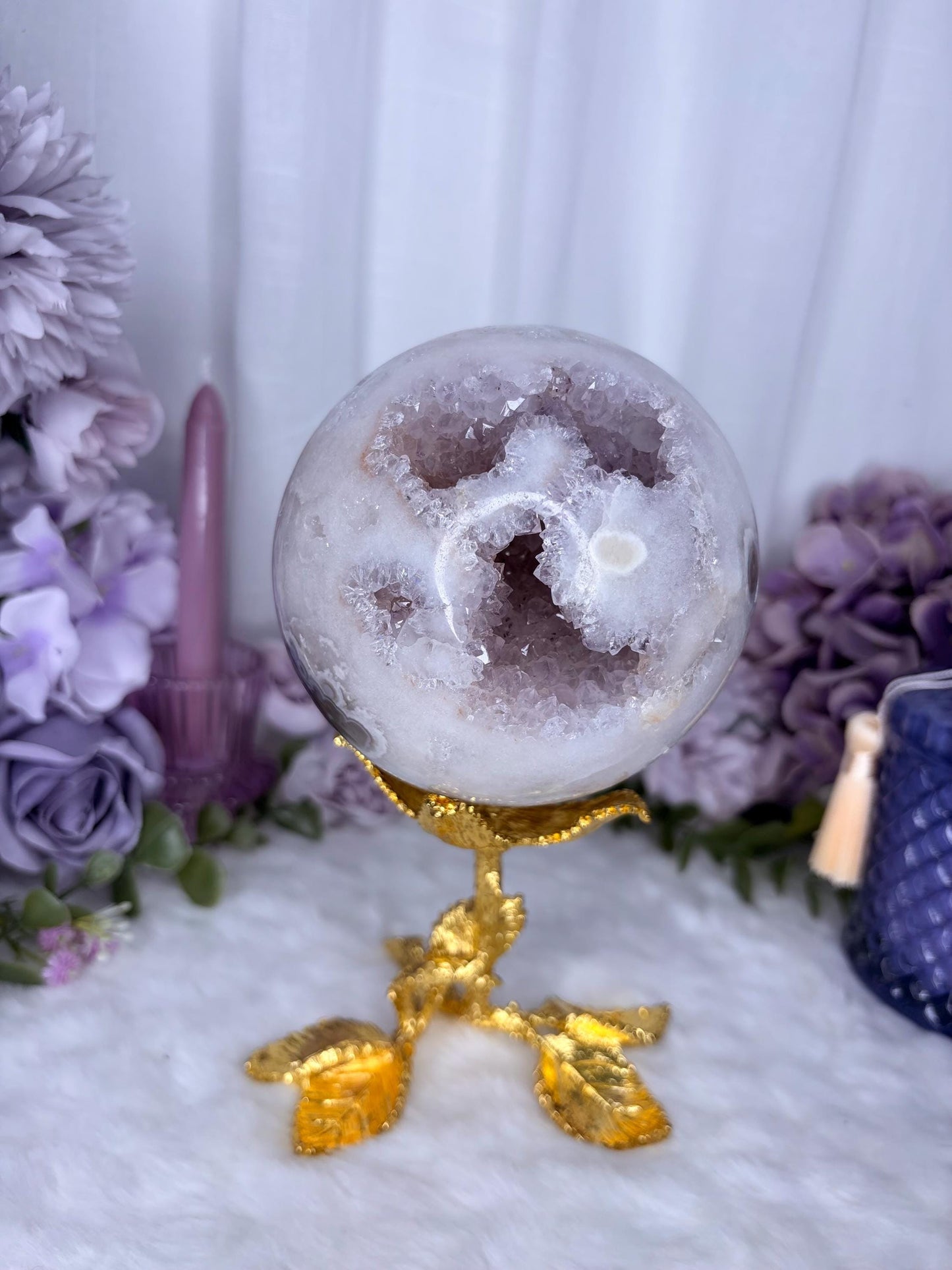 Lilac Amethyst, Moss Agate and Quartz Druzy Large Sphere  Lustre Collection